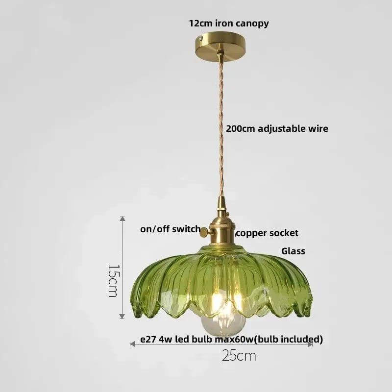 Green Ribbed Glass Brass Pendant Light