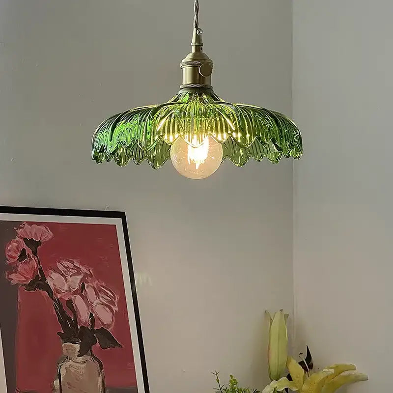 Green Ribbed Glass Brass Pendant Light