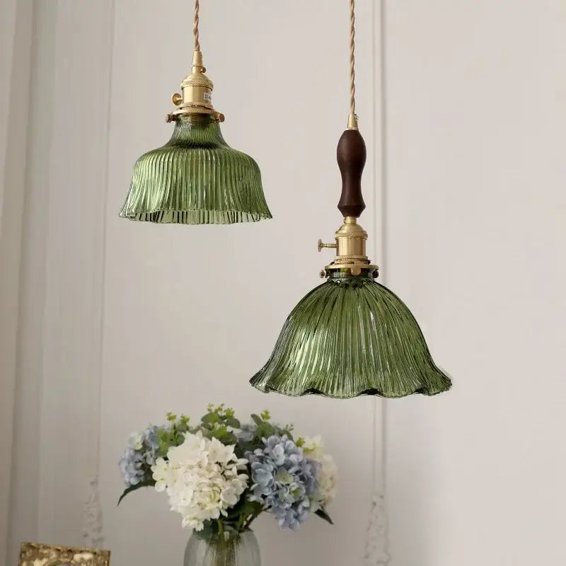 Green Ribbed Glass Brass Pendant Light