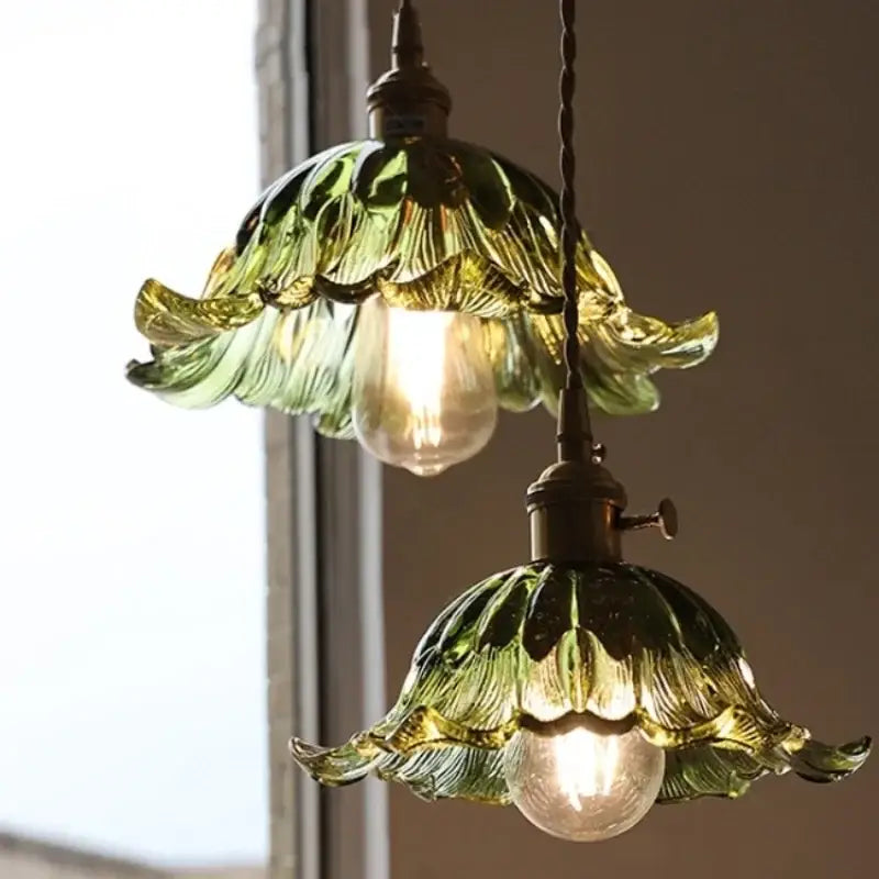 Green Ribbed Glass Brass Pendant Light