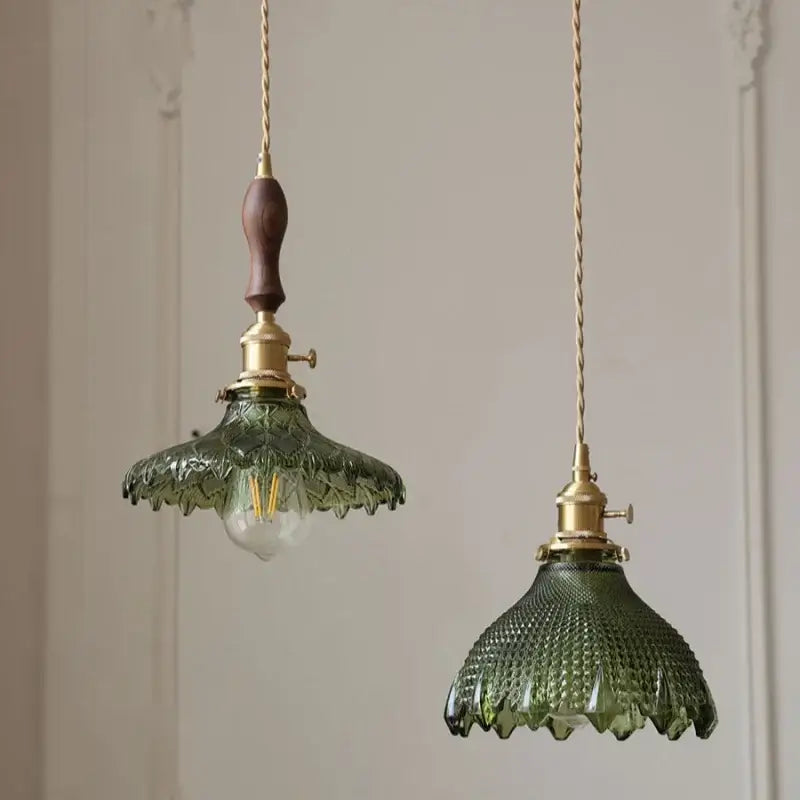 Green Ribbed Glass Brass Pendant Light