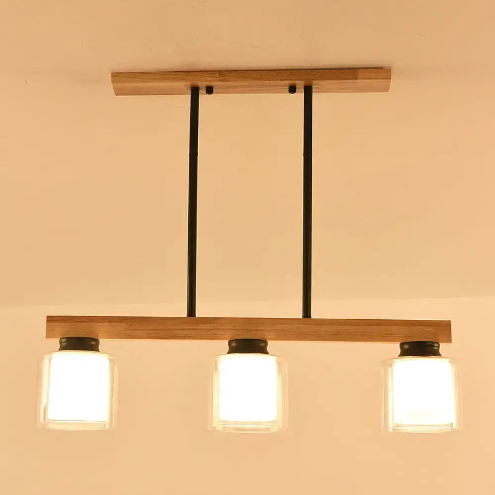 Wood Cylindrical Glass Four-Light Island Pendant