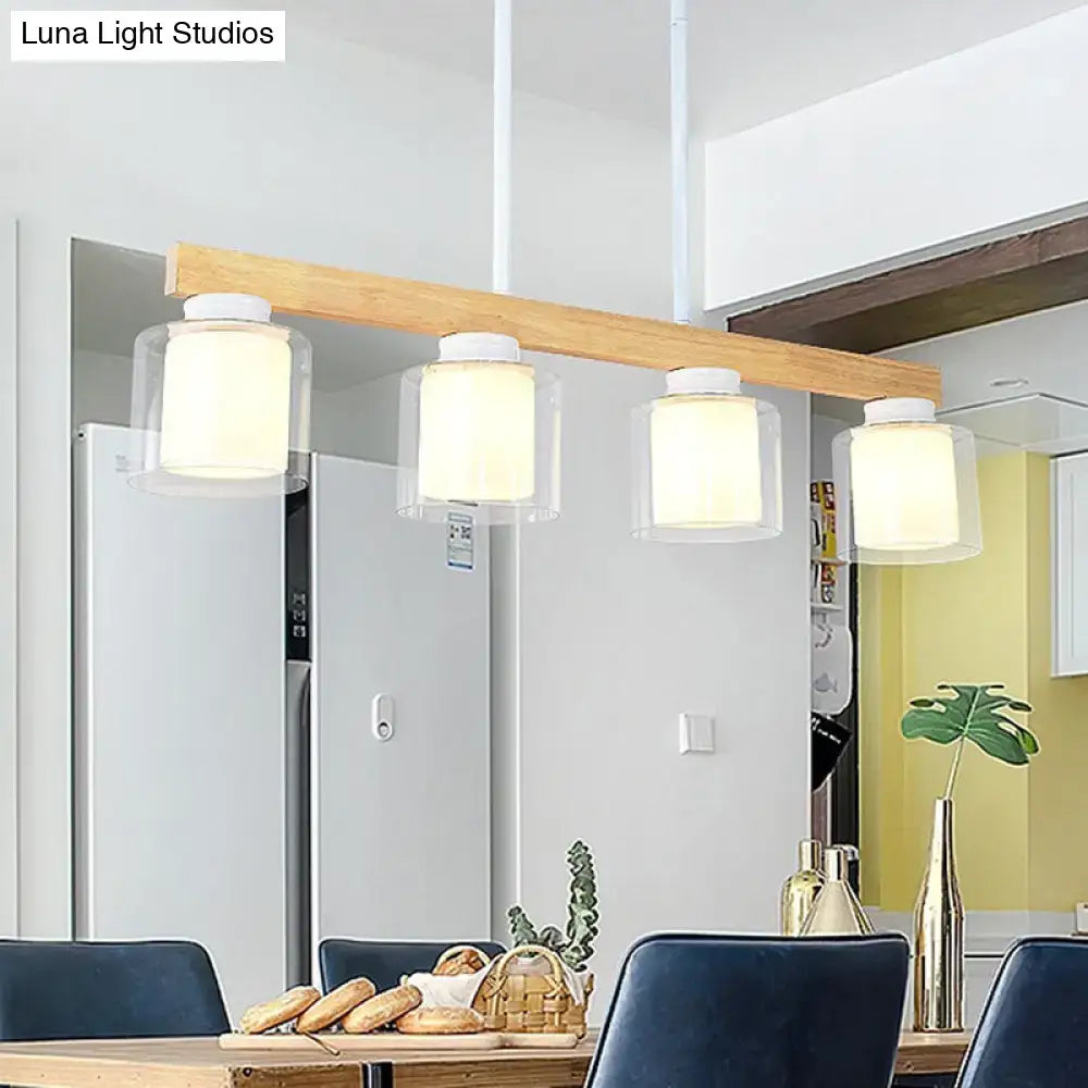 Wood Cylindrical Glass Four-Light Island Pendant