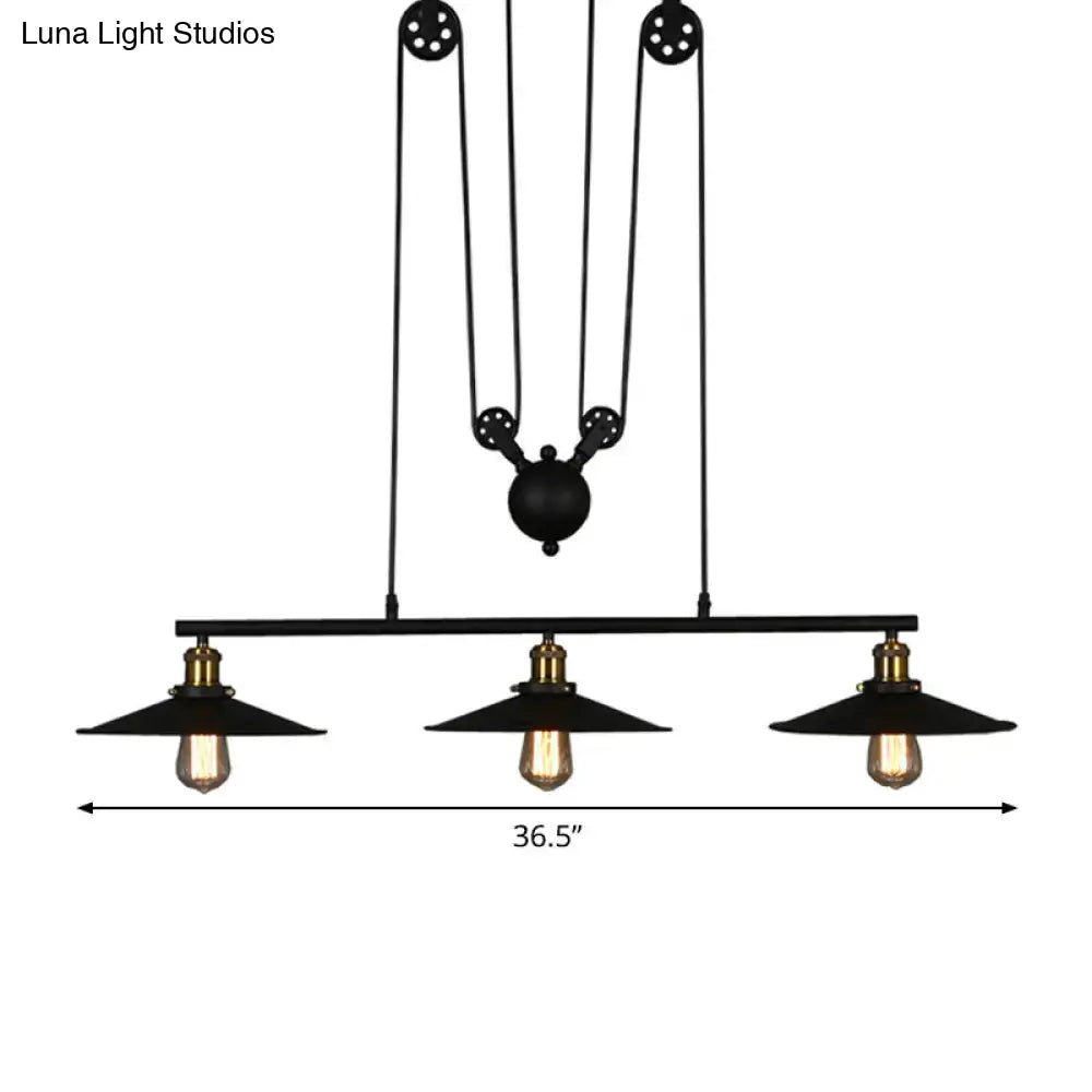 Black Pulley Pendant Light with Flared Shade