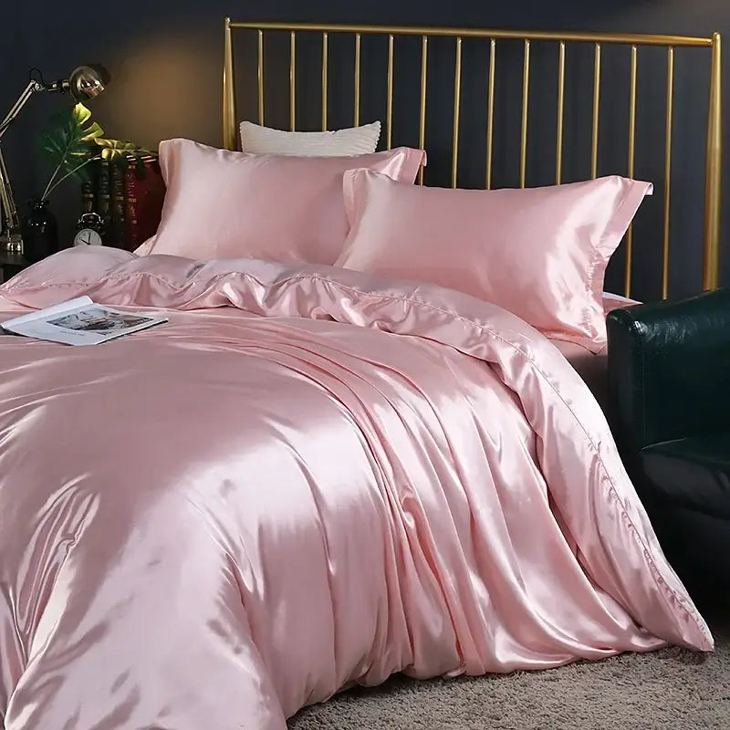 Pink Satin Bedding Set with Duvet and Sheet