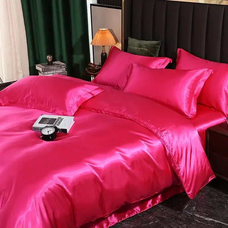 Pink Satin Bedding Set with Duvet and Sheet