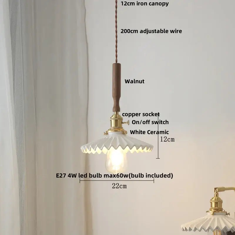Vintage cream ribbed white ceramic led pendant light kitchen wood accent