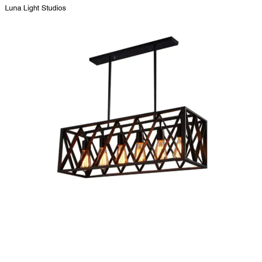 Black Wrought Iron Six-Light Rectangular Pendant