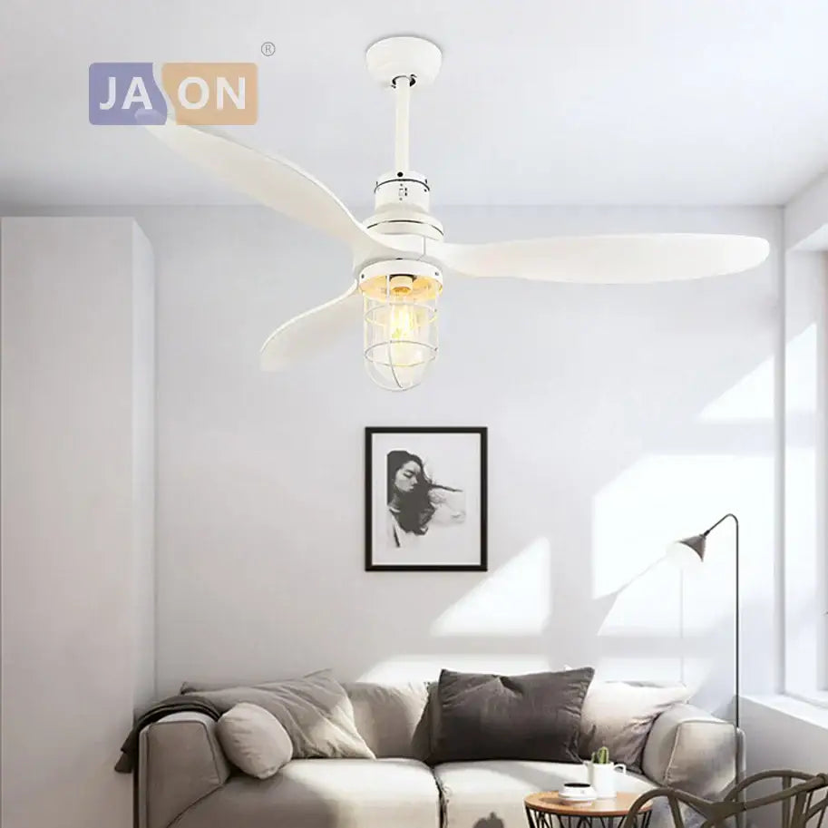 White Wood Ceiling Fan With Remote And LED