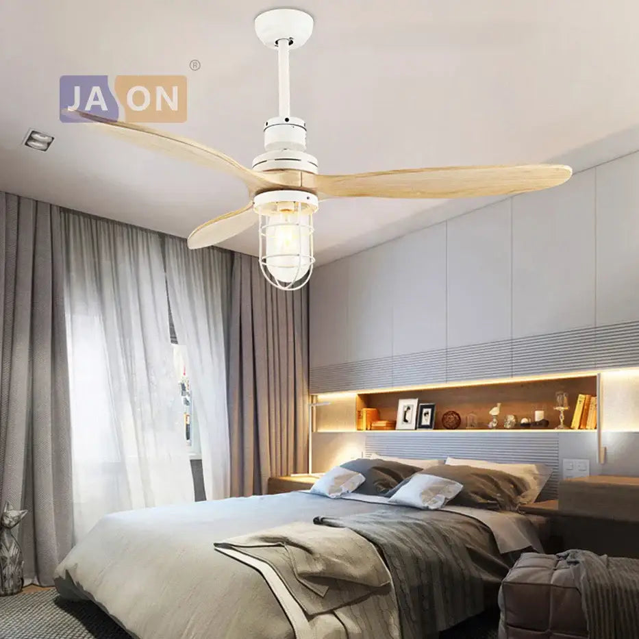 White Wood Ceiling Fan With Remote And LED