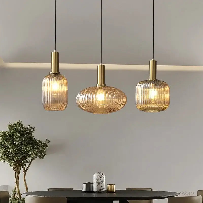 Amber Ribbed Glass Pendants
