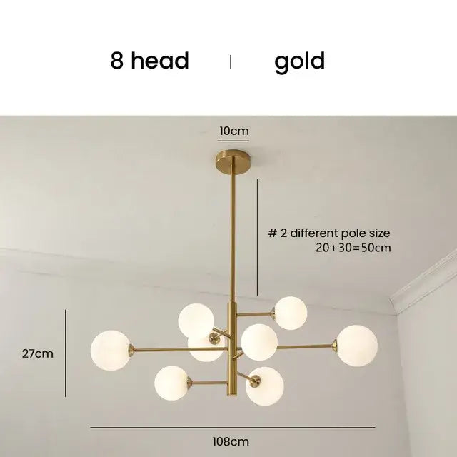 Black Gold 8-Light Amber Glass Ball Chandelier