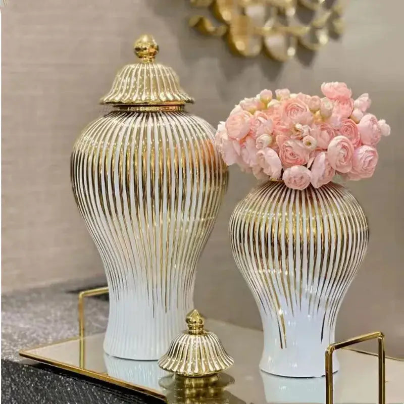 Gold Striped Ceramic Jar