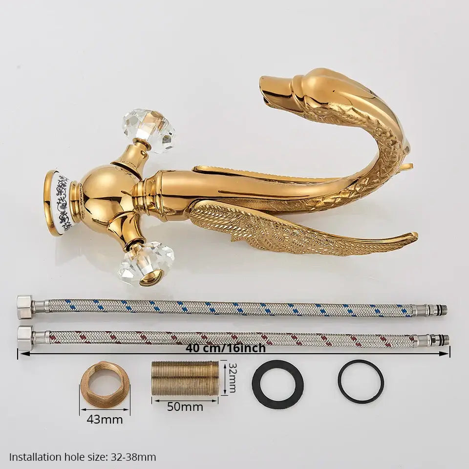 Gold Swan Basin Faucet with Crystal Knobs