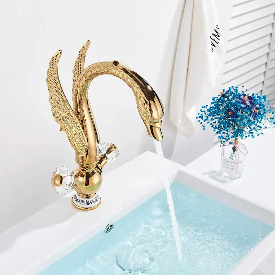 Gold Swan Basin Faucet with Crystal Knobs