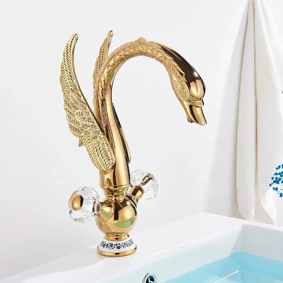 Gold Swan Basin Faucet with Crystal Knobs
