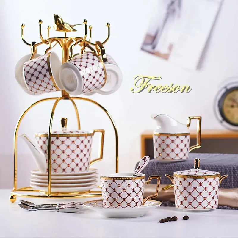 Red Gold Bone China Porcelain Coffee Set