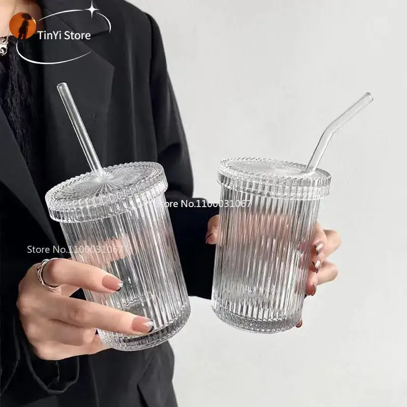 Ribbed Glass Straw Cup