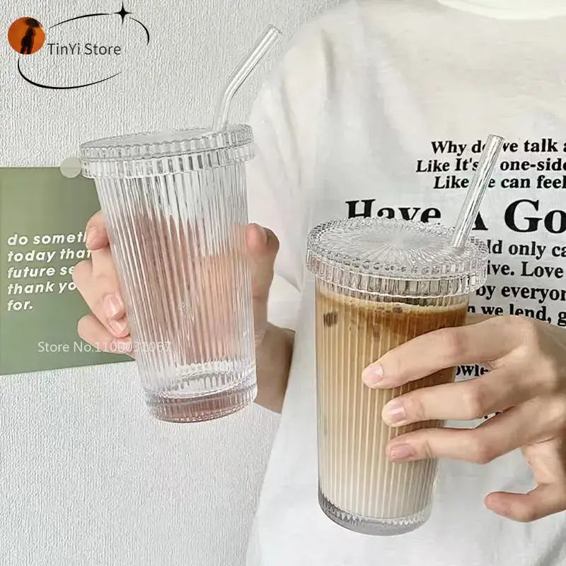 Ribbed Glass Straw Cup