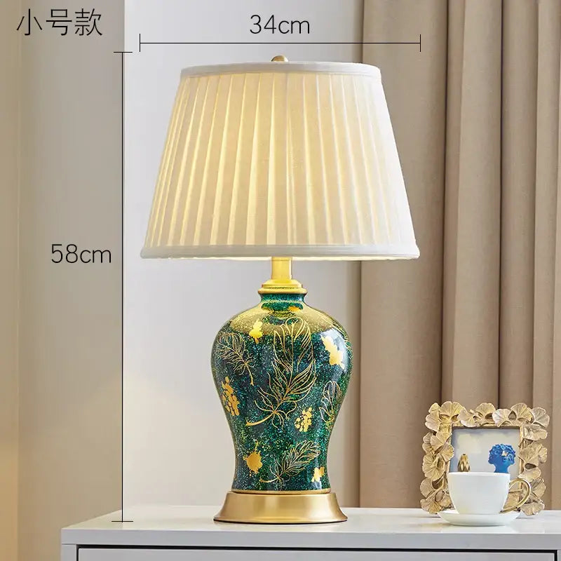 Green Ceramic Table Lamp with Gold Leaf Accents