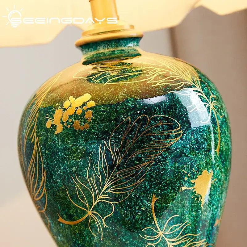 Green Ceramic Table Lamp with Gold Leaf Accents