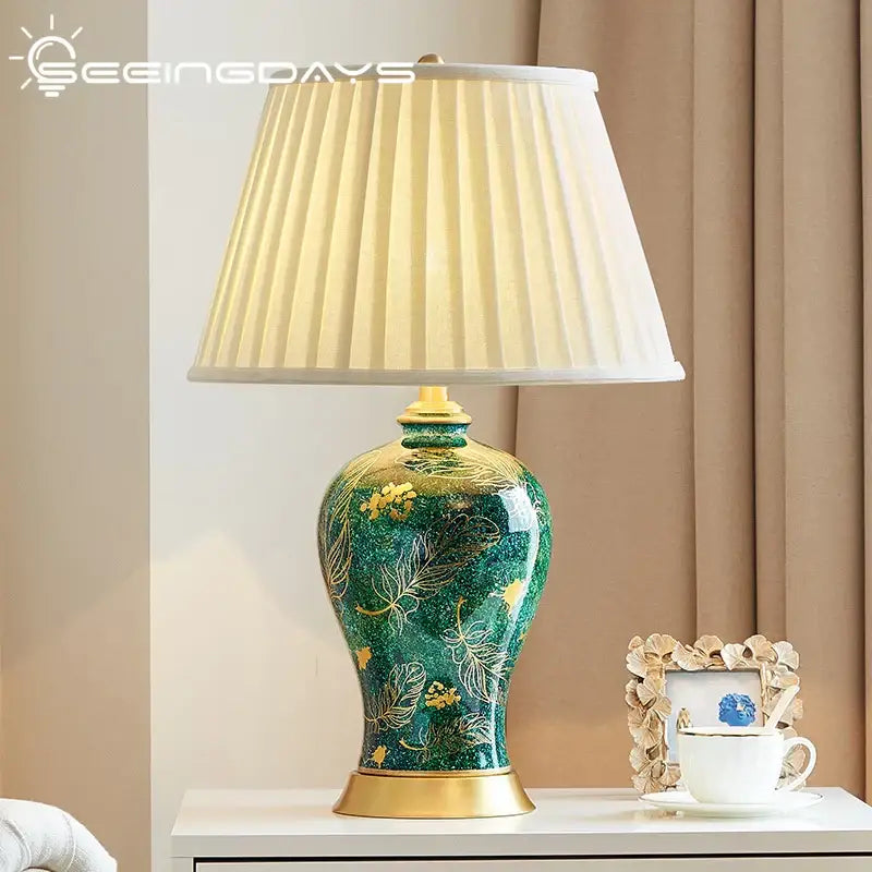 Green Ceramic Table Lamp with Gold Leaf Accents