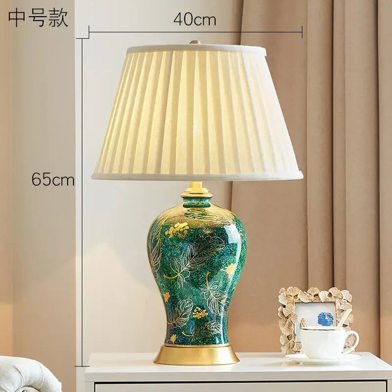 Green Ceramic Table Lamp with Gold Leaf Accents