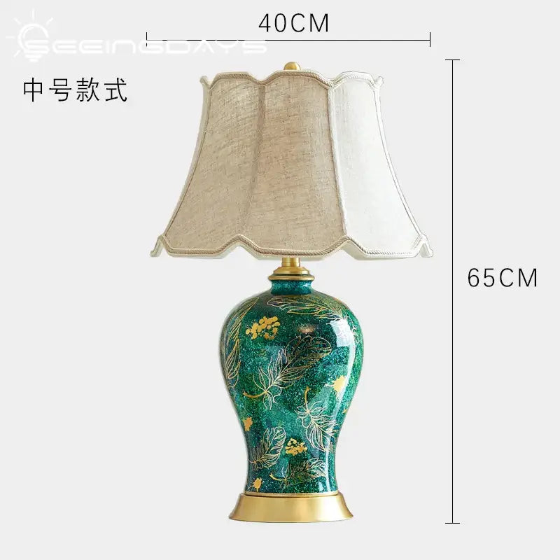 Green Ceramic Table Lamp with Gold Leaf Accents