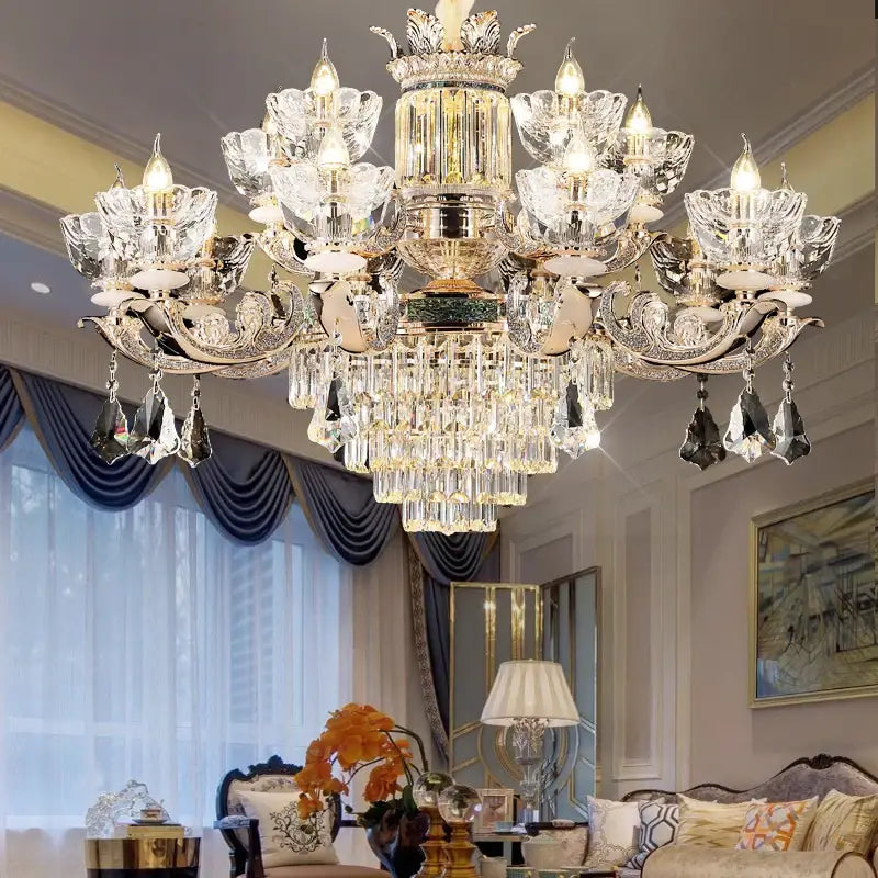 Gold Crystal European 42-Head Staircase Chandelier