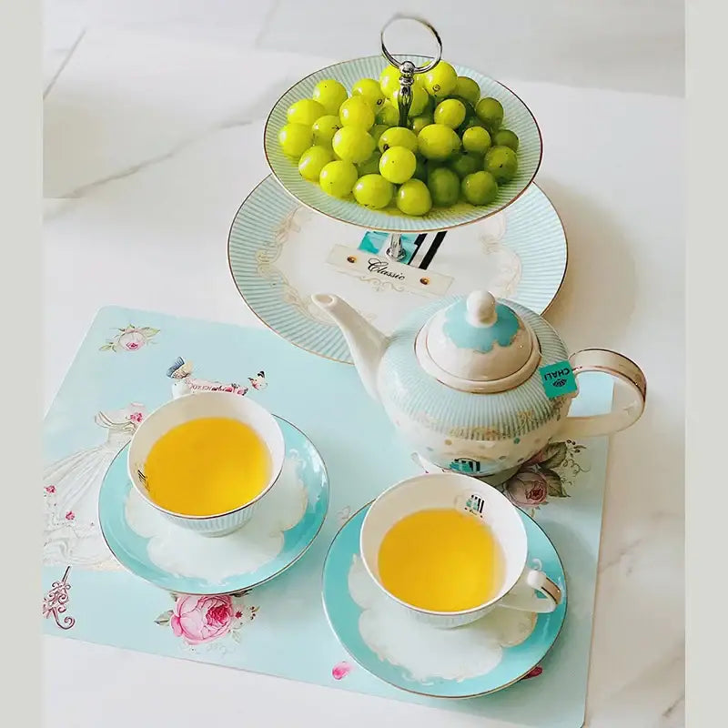 Blue Bone China Floral Tea Set with Gold Trim