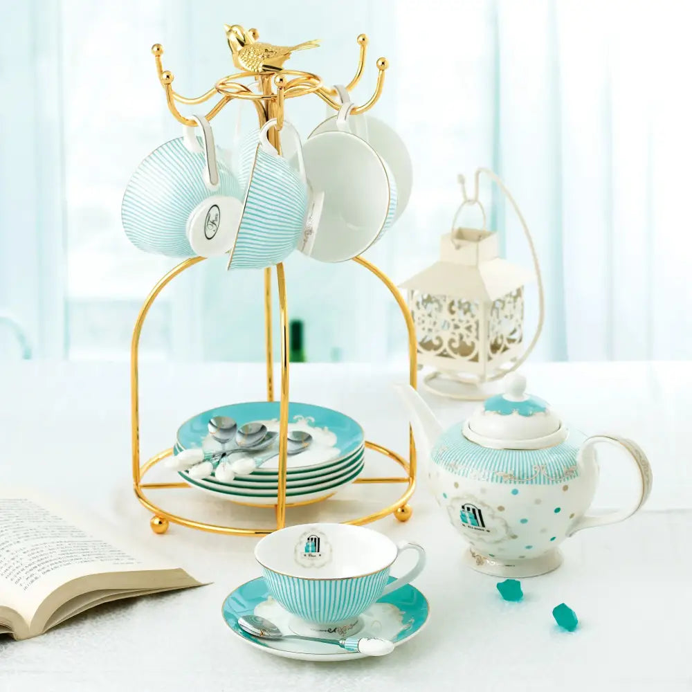 Blue Bone China Floral Tea Set with Gold Trim