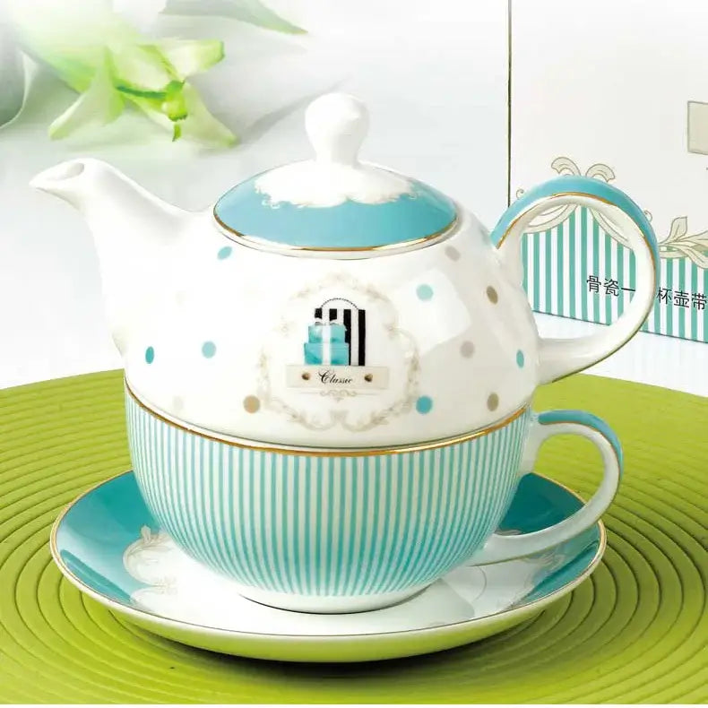 Blue Bone China Floral Tea Set with Gold Trim