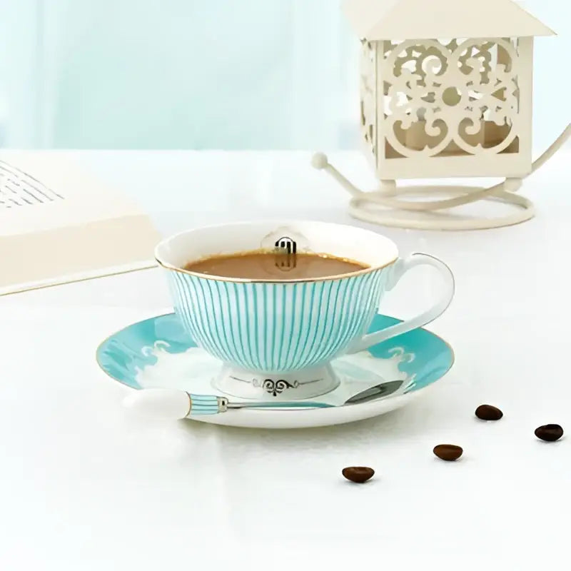 Blue Bone China Floral Tea Set with Gold Trim
