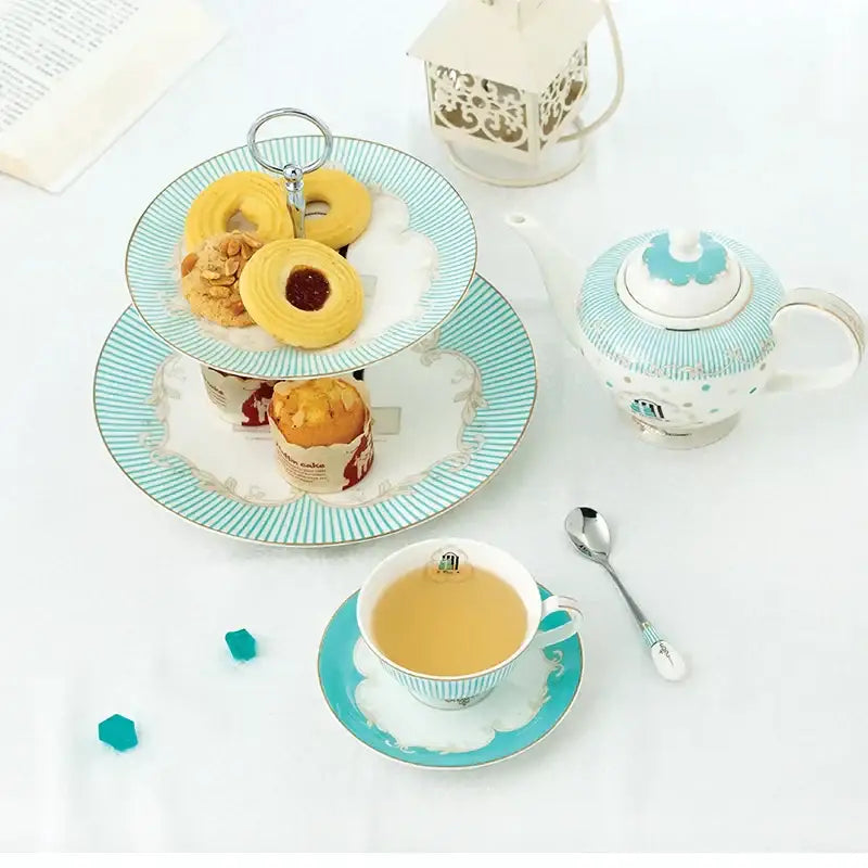 Blue Bone China Floral Tea Set with Gold Trim