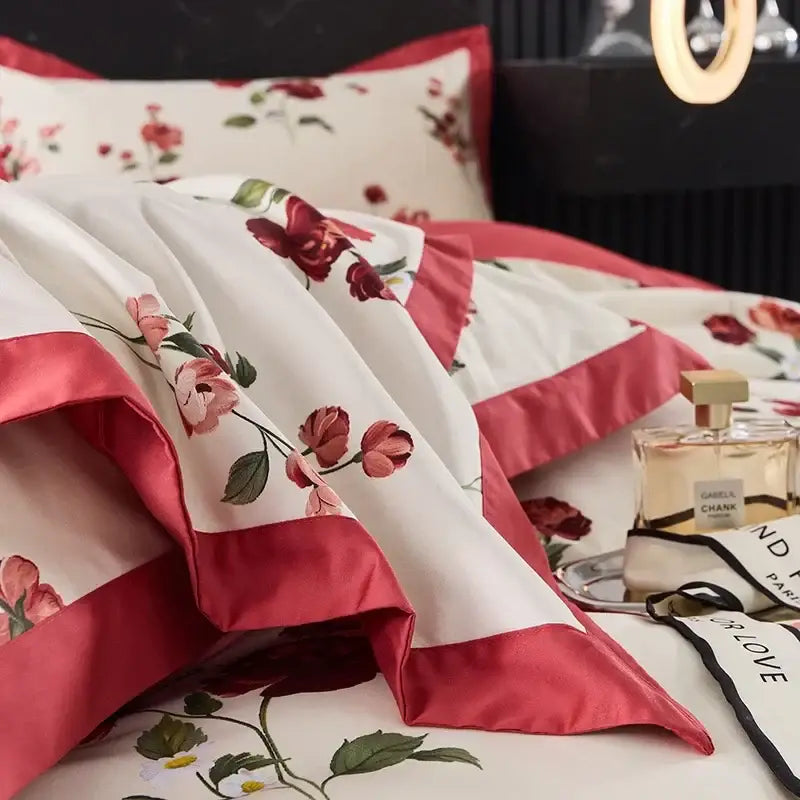 Red Cream Satin Trim Bedding