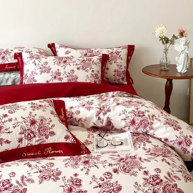 Red White Cotton Bedding Set