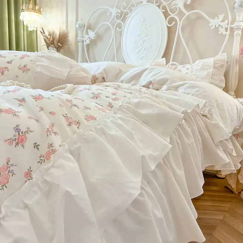 White Cotton Floral Bedding Set