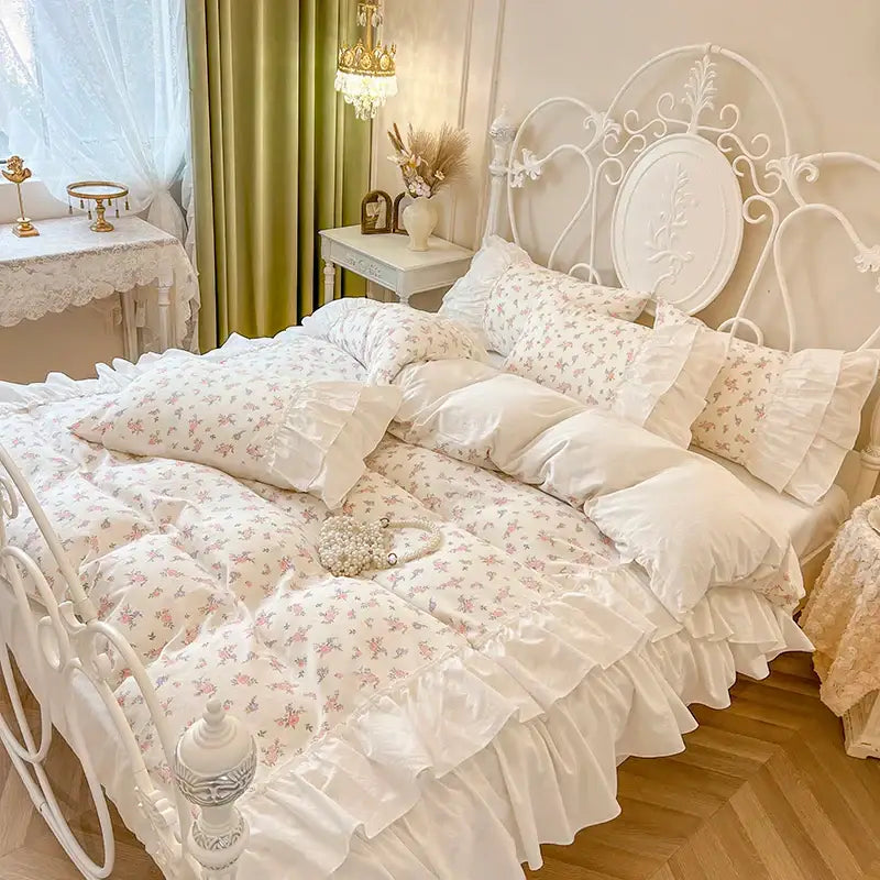 White Cotton Floral Bedding Set