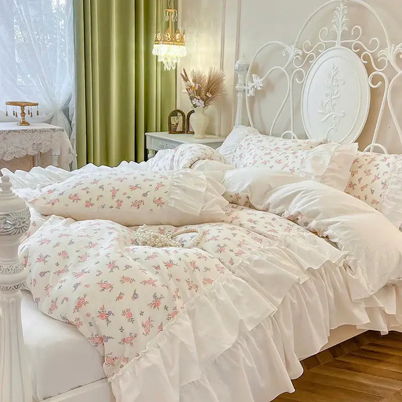 White Cotton Floral Bedding Set