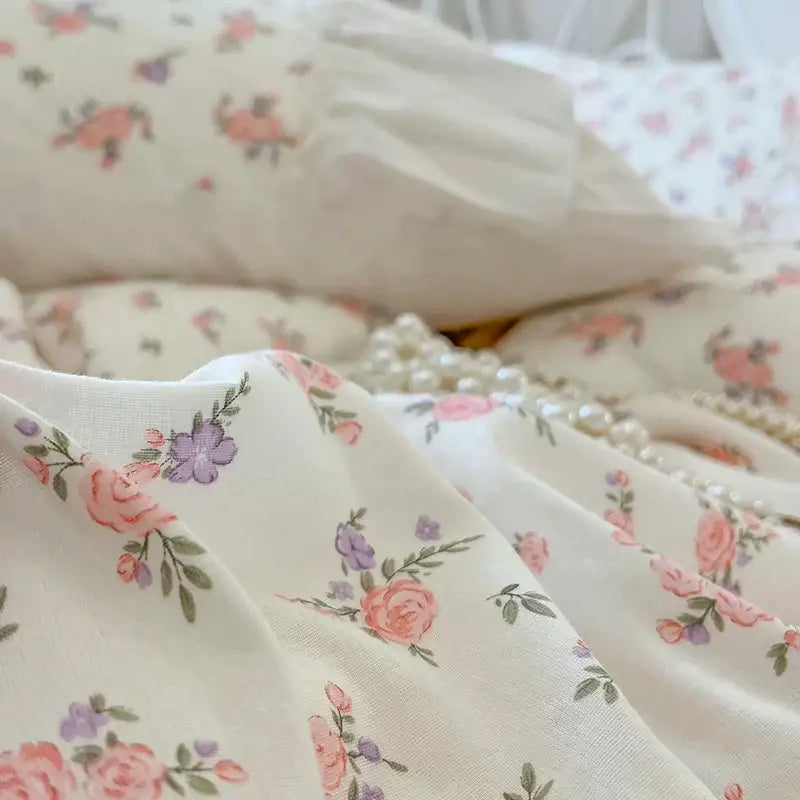 White Cotton Floral Bedding Set