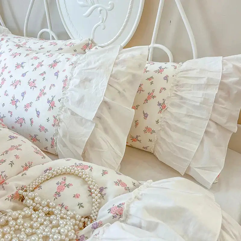 White Cotton Floral Bedding Set