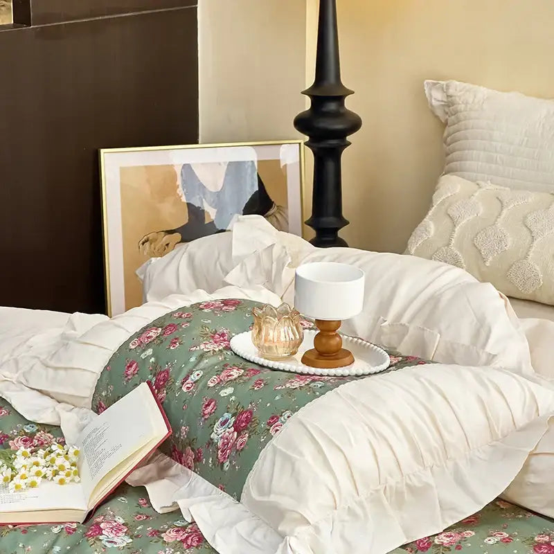 Cream Lace Ruffles Bedskirt Bedding Set