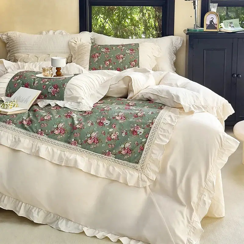 Cream Lace Ruffles Bedskirt Bedding Set