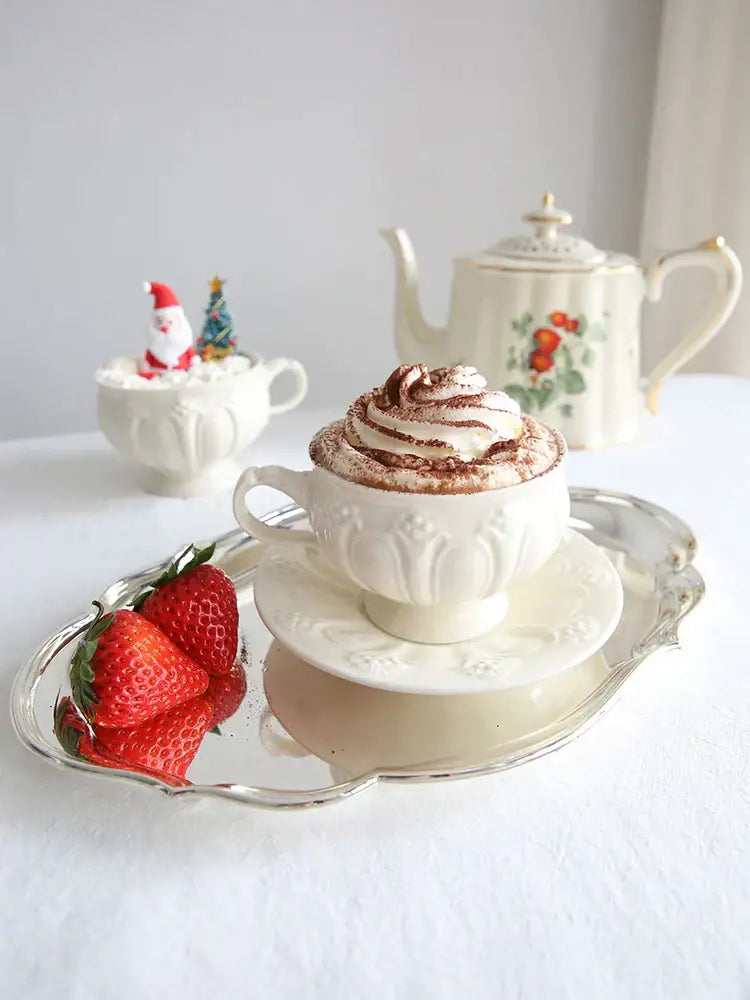 Cream Floral Ceramic Teacup