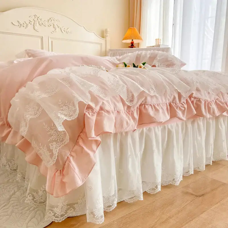 Pink Romantic Lace Cotton Bedding