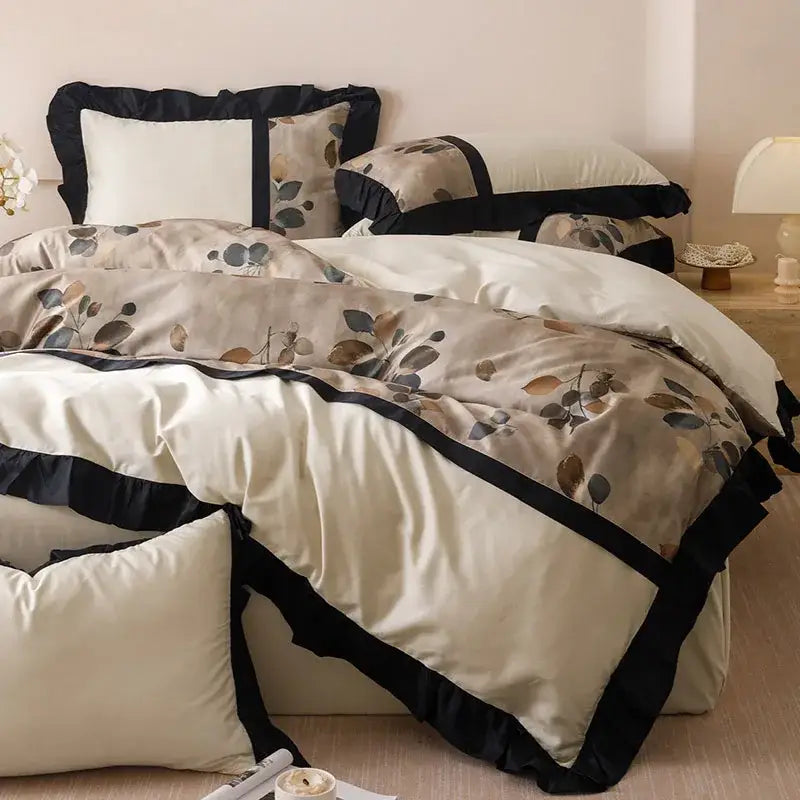 Beige Black Leaf Bedding