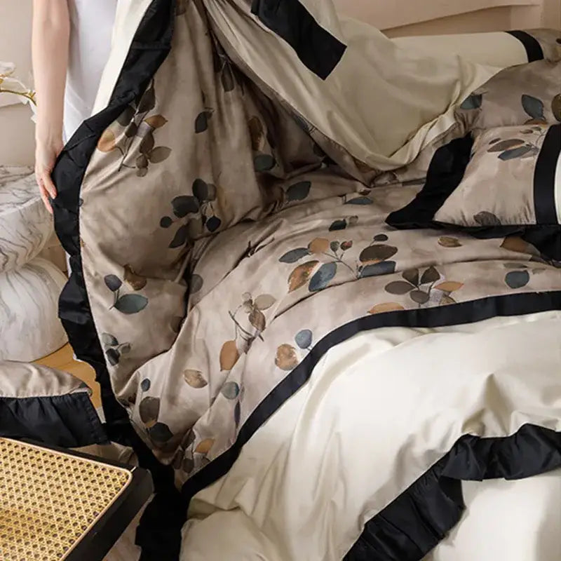 Beige Black Leaf Bedding