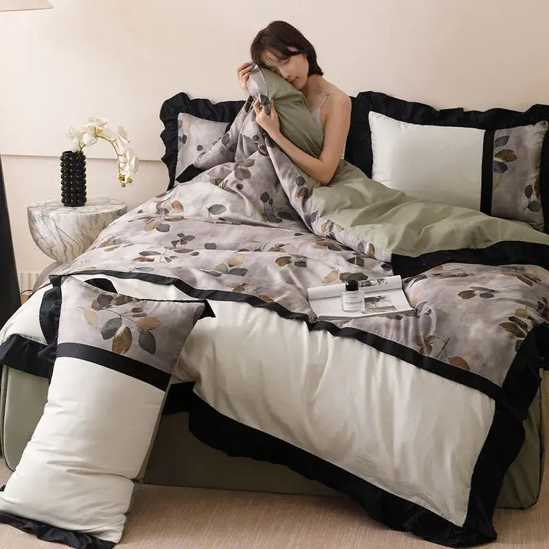 Beige Black Leaf Bedding