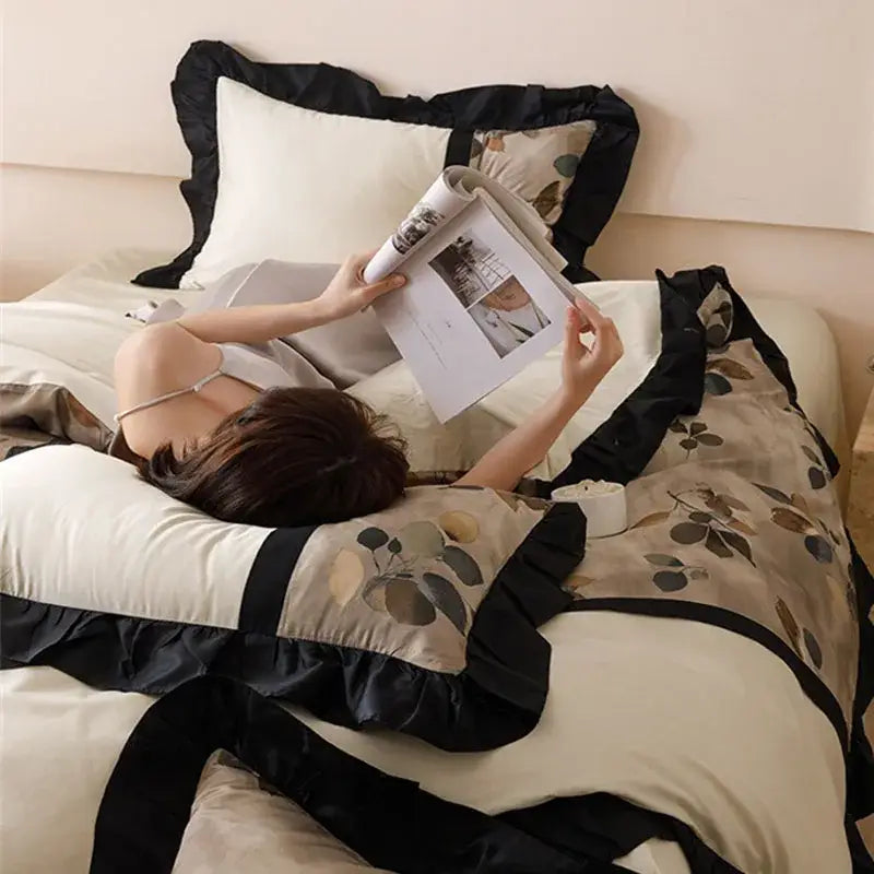 Beige Black Leaf Bedding
