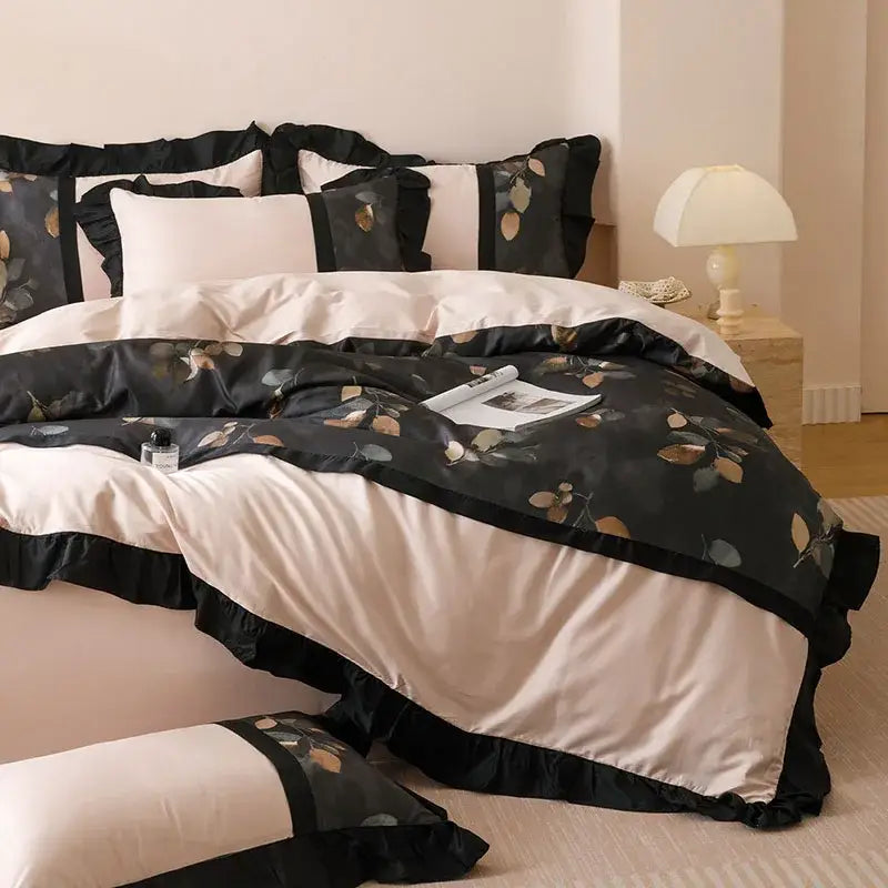 Beige Black Leaf Bedding